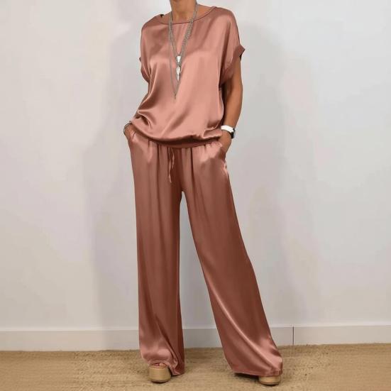 Women Summer Satin Lounge Sets Short Sleeve Crew Neck Top And Wide Leg Pants Set Casual Vacation 2 Piece Outfits