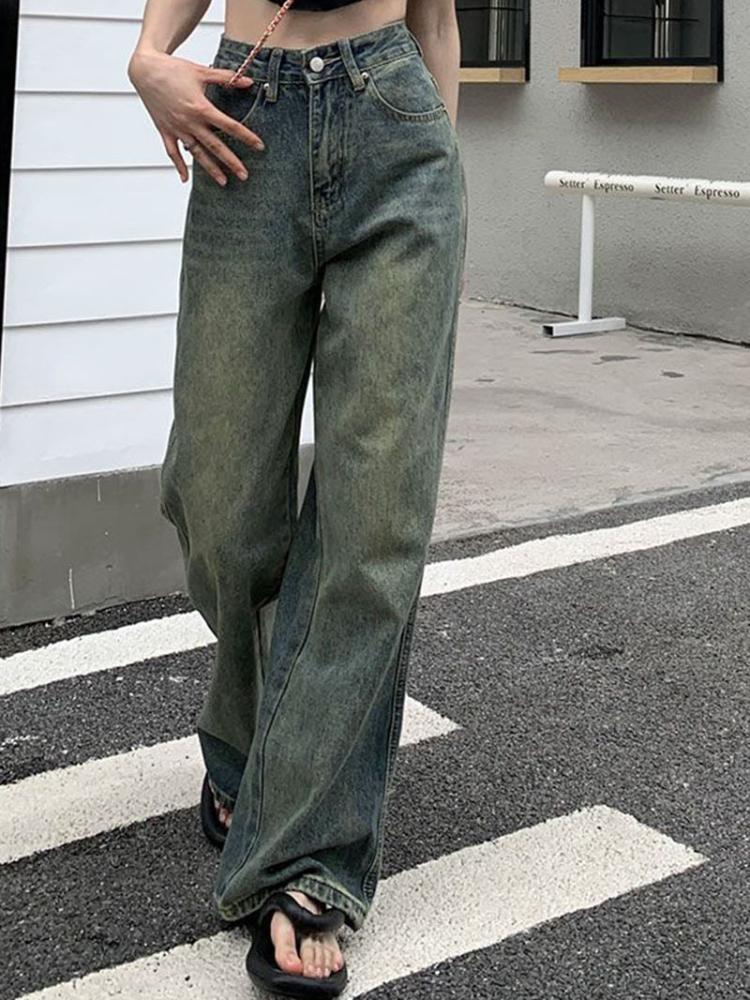 2000s Vintage Lengthen Straight Jeans Women Chic Korean High Waist Washed Denim Pants Female Elegant Streetwear Loose Wide Leg Trousers