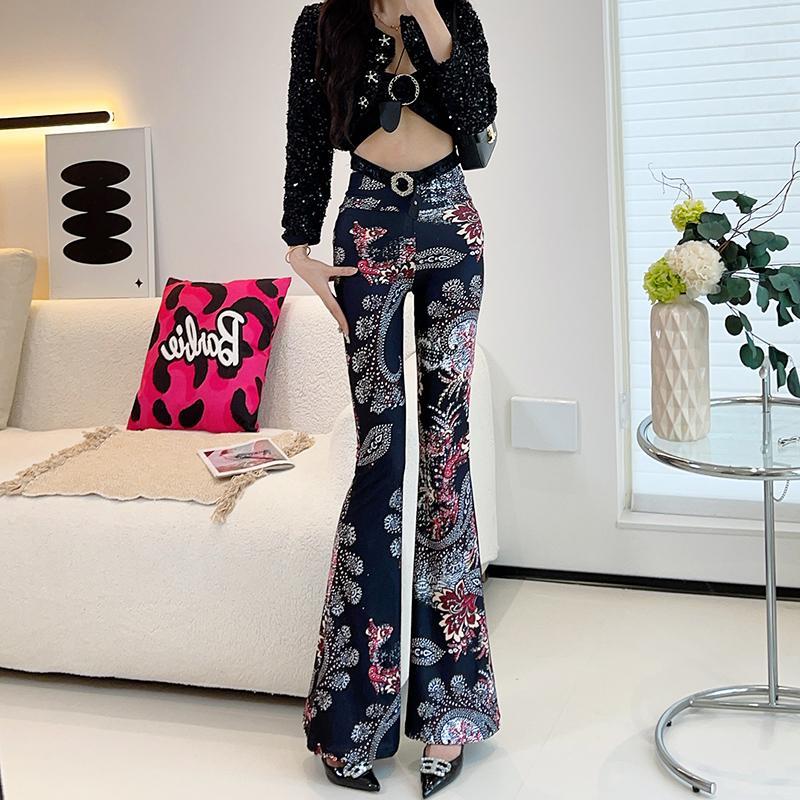 Spring Thin Women's High-waisted Flared Pants Slim Fit Trousers Printed Stretch Flared Pants