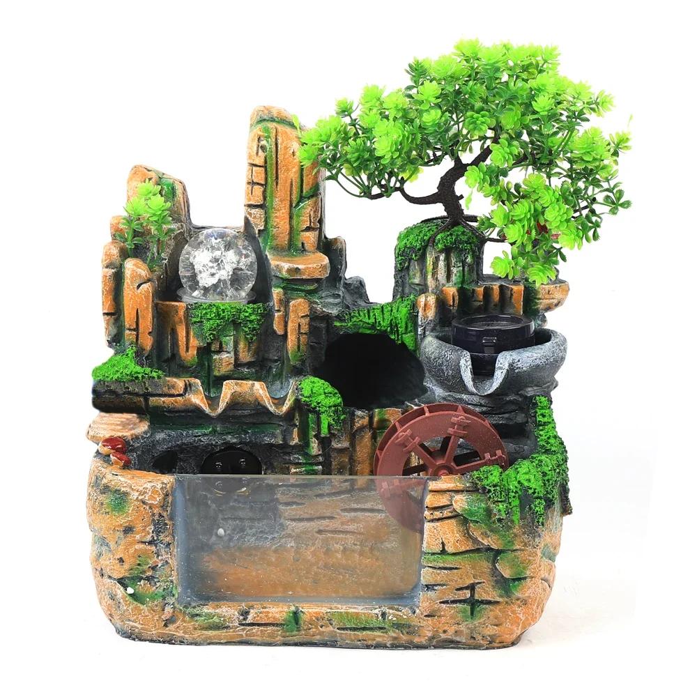 Комнатный настольный расслабляющий водопад, маленький искусственный бонсай, мини-скальный фонтан со светодиодной подсветкой и распылителем, водопад с подсветкой