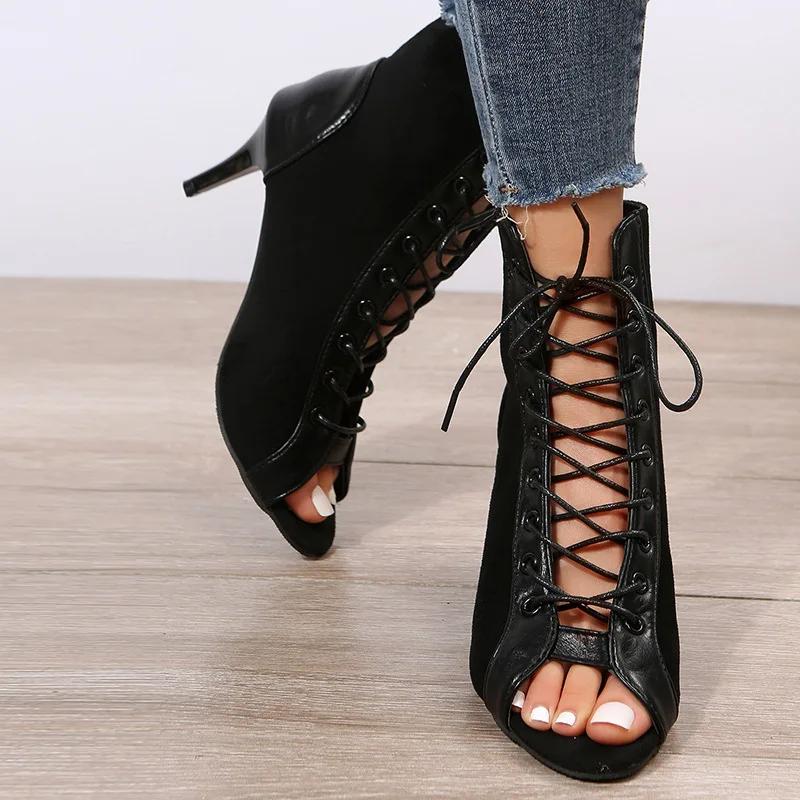 Sandaler Hul Maske Hæler Damesko Sommer Trend Svarte Snøresko Sexy Peep Toe Støvletter Stiletter Jazzdans Damesko