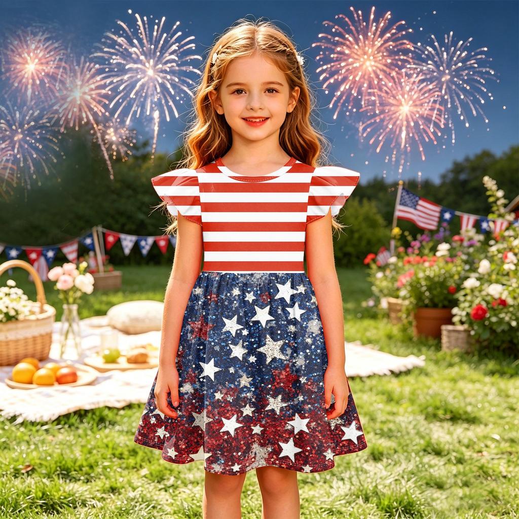 Girls' Summer Princess Dress - A-Line T-Shirt Dress Independence Day