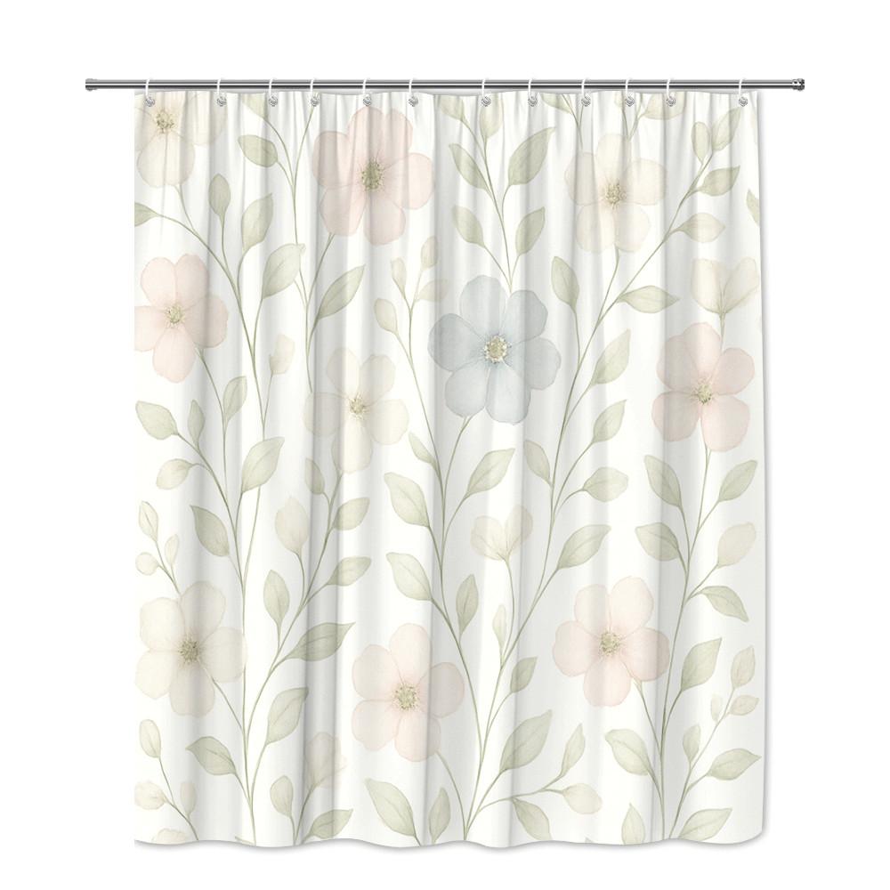 Soft Pastel Flower Shower Curtain Delicate Blooms Green Leaves Minimalist Nature Design Elegant Bathroom Decor Waterproof