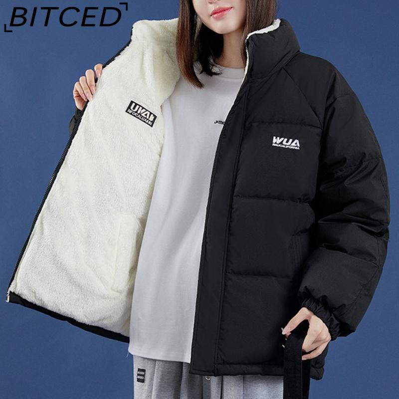 

BITCED Двусторонняя Утепленная Хлопковая Куртка Свободного Кроя с Подкладкой из Овчины, Куртка-Пуховик со Стойкой Воротником, Двусторонняя Двусторонняя Хлопковая Куртка XXL чёрный