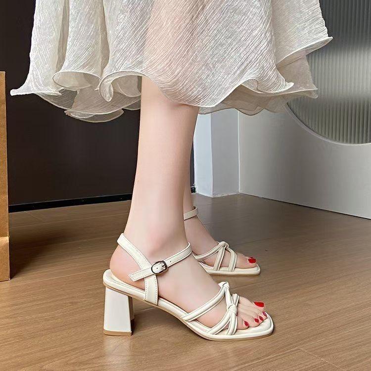 2025 new summer open toe word with season fairy style with skirt versatile soft sole high heel thick heel sandals women