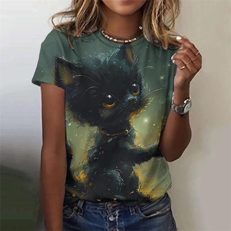 Cartoon Cat Pattern T-Shirt For Women Star Moon 3D Printed T Shirts Summer Fashion Street Tees Short Sleeves Crew Neck Tops
