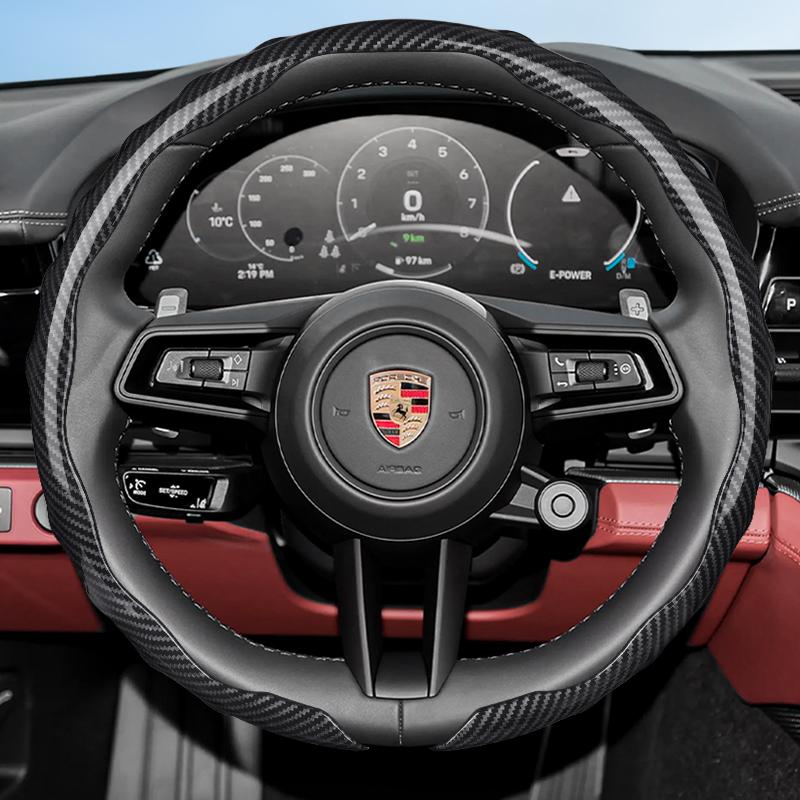 Suitable for Porsche Carbon Fiber Texture Steering Wheel Cover with Snap-On Wave-Shaped Sports Design Protective Shell for Macan Cayenne Taycan