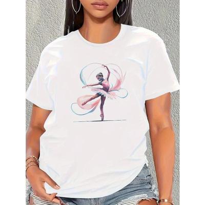 Weißes T-Shirt für Damen in europäischer Größe mit anmutiger Ballerina & Pastellfarbenen Bändern Grafik