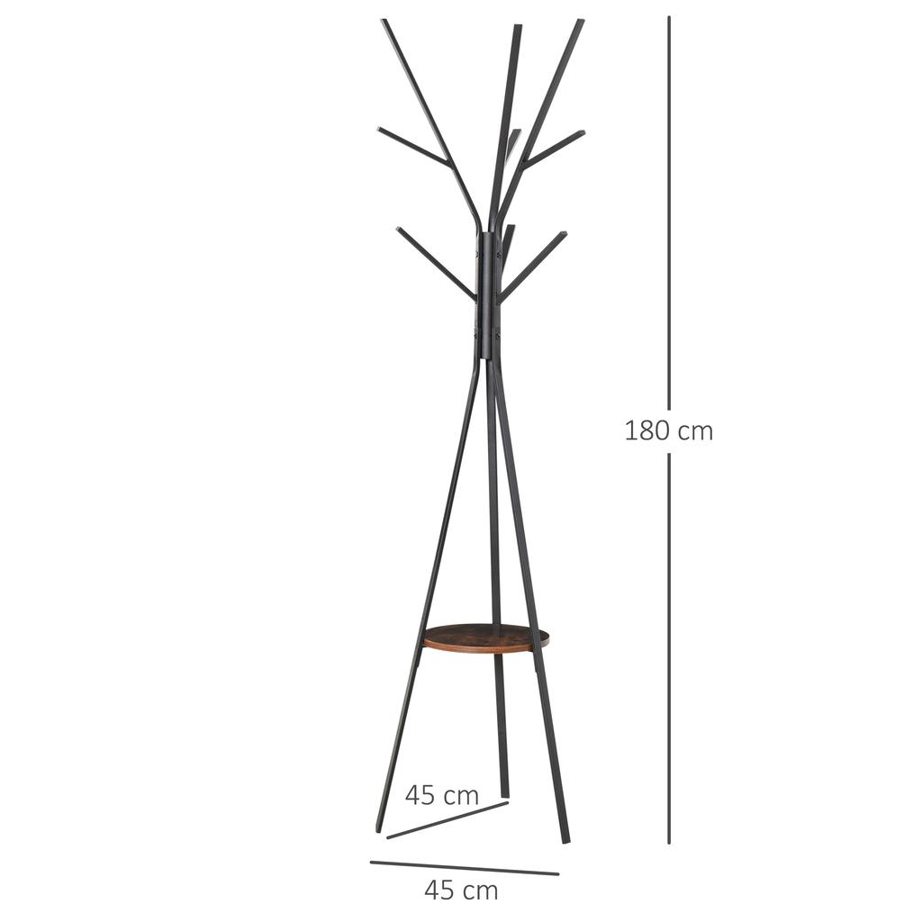 Freestanding Metal Coat Rack Stand 9 Hooks Clothes Tree with 1 Shelf Hat Display Hall Tree Hanger Bag Umbrella Hanging Organiser Brown