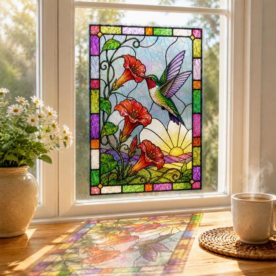 Removable Festive Glass Decor Stained Static Window Clings, Hummingbird Flower Stickers, Home Privacy Screen PVC Decals for Door Sunroom Decoration