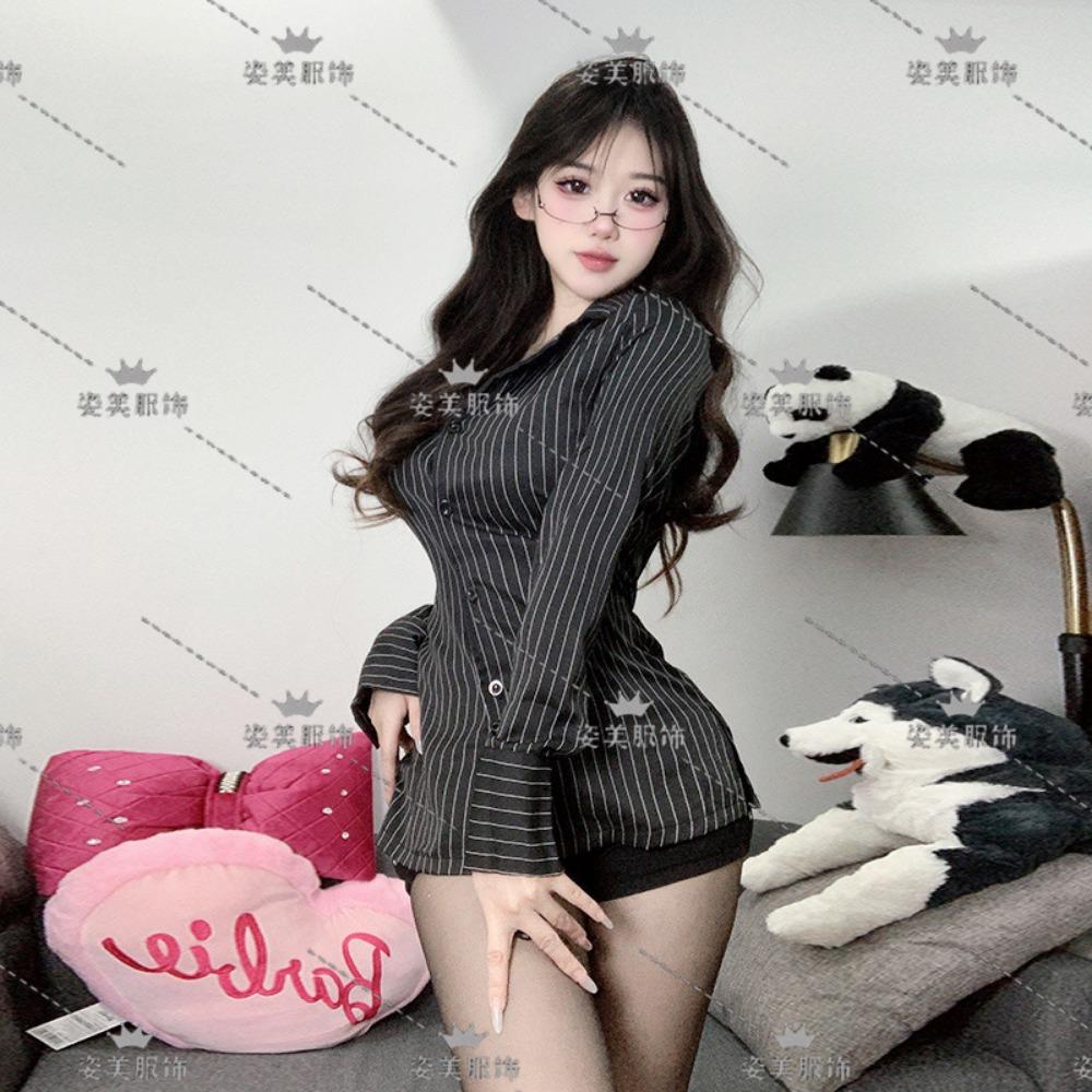 Secretary Teacher Wear Sex Underwear Boyfriend Shirt Long Sleeve Striped Slim-fitting Versatile Medium and Long Skinny Autumn Waist