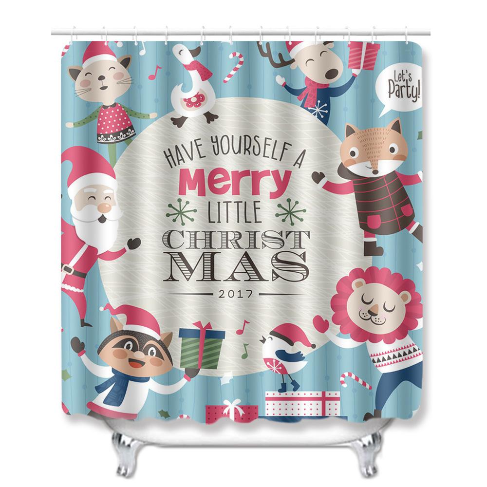Christmas Waterproof Shower Curtain Floor Mat Four-Piece Set, Bathroom Water-Absorbing Non-Slip Door Mat, Shower Room Water-Absorbing Carpet