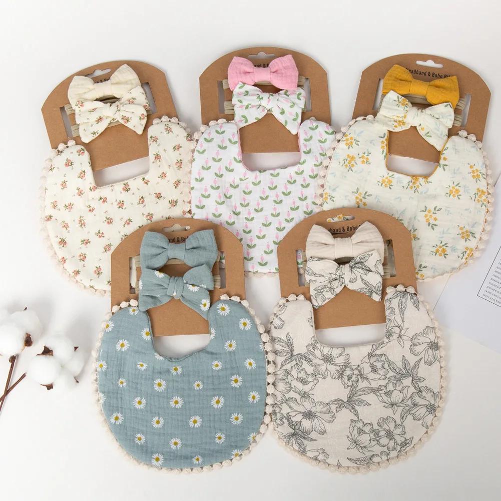 3pcs Sets Baby Bib Bow Headdress Baby Girl Headband Kids Stuff Feeding Bibs Set Bebe Saliva Towel Linen Burp Cloth Newborn Items