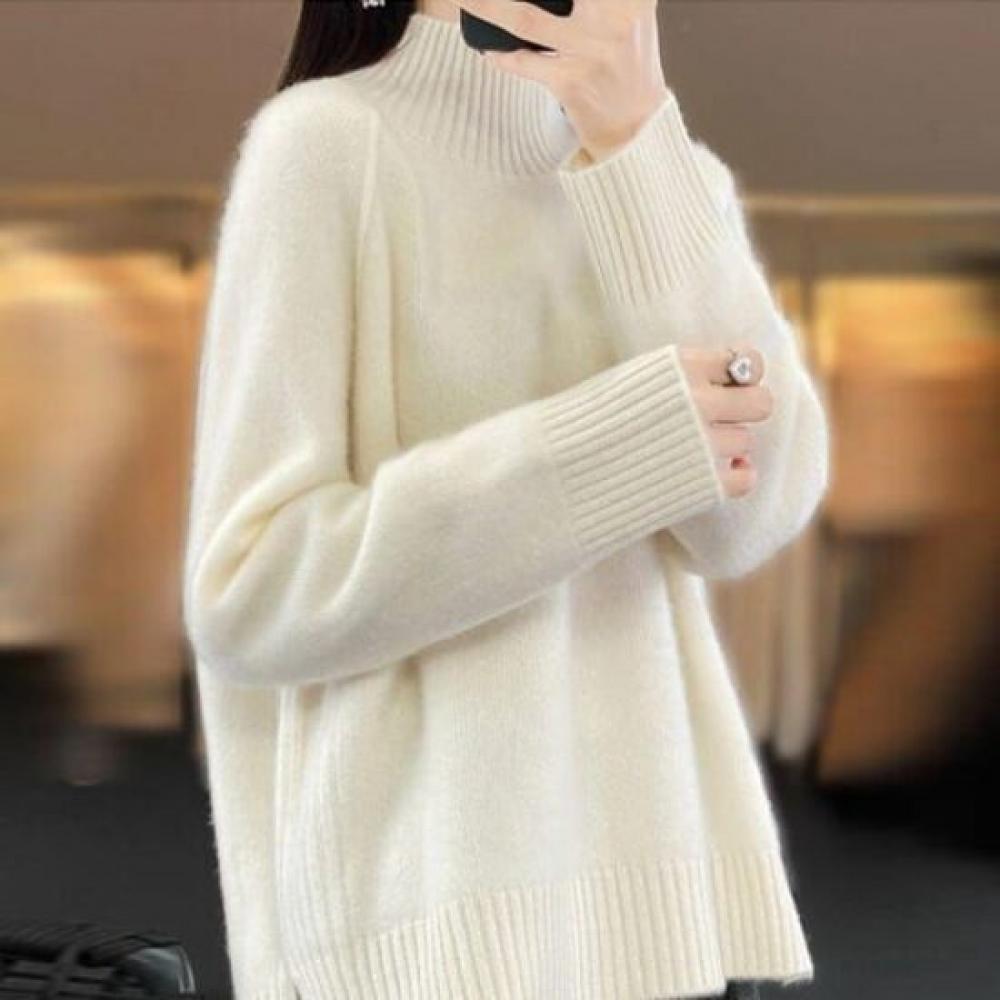 Navava Mock Neck Long Sleeve Knit Sweater Nk3525 Solid Daily Split Hem