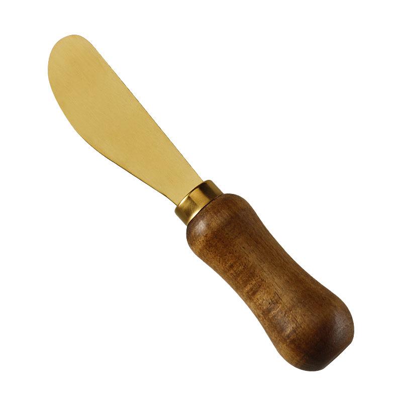 Stainless Steel Gold Cheese Knife with Acacia Wood Handle, Fork, and Spatula Utensils Set