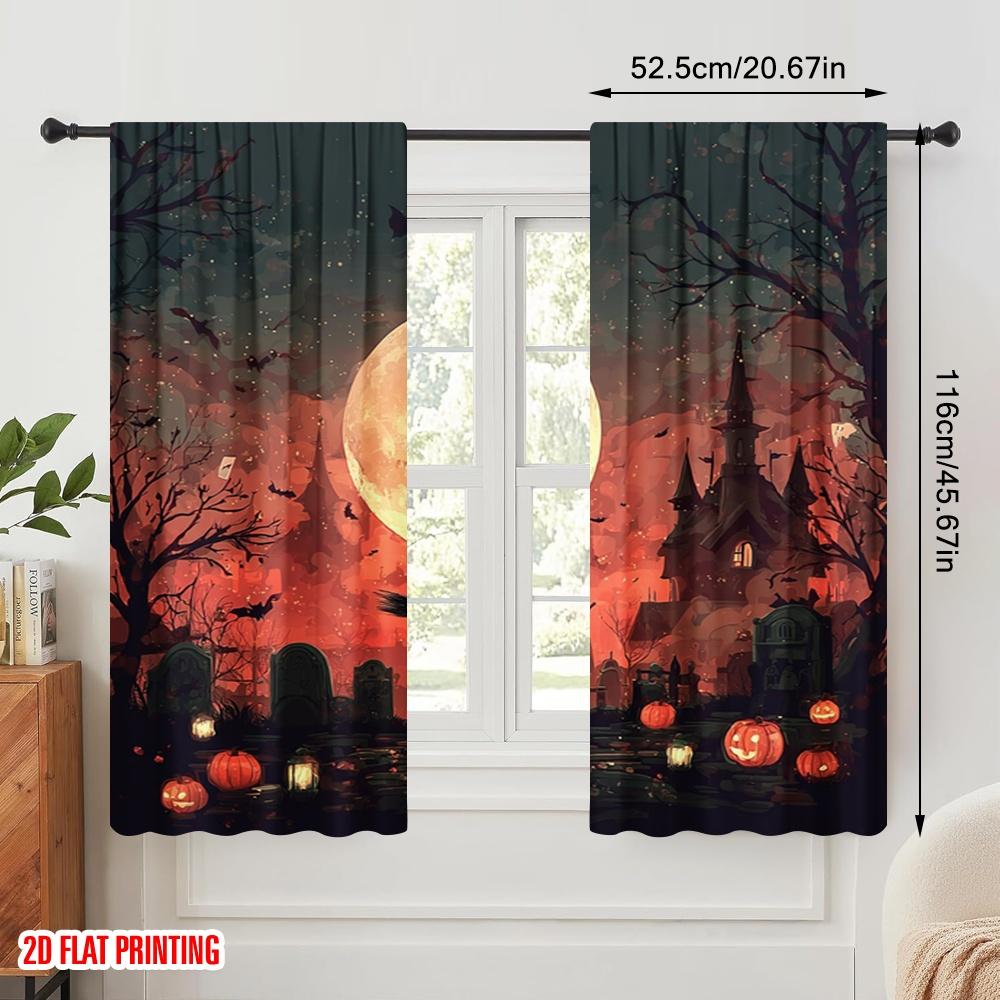2pcs,2D Plane Printing Curtain Popular Halloween Witch Flying On Broomstick3 Polyester Woven (without Rod) Decorations Outdoor