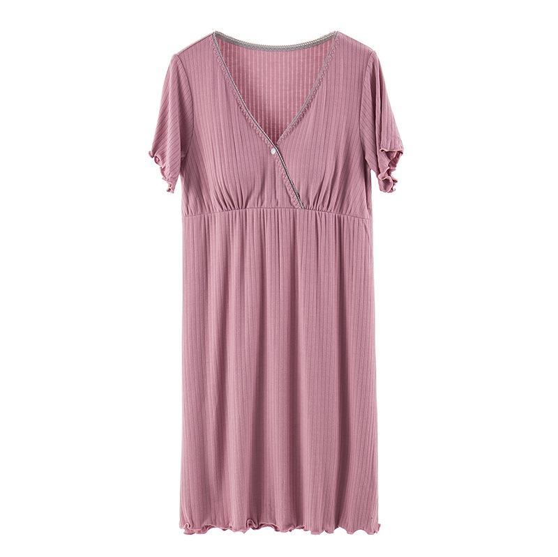 V-Neck Nursing Dress with Insertable Cups for Breastfeeding - Fashionable Postpartum Pajamas