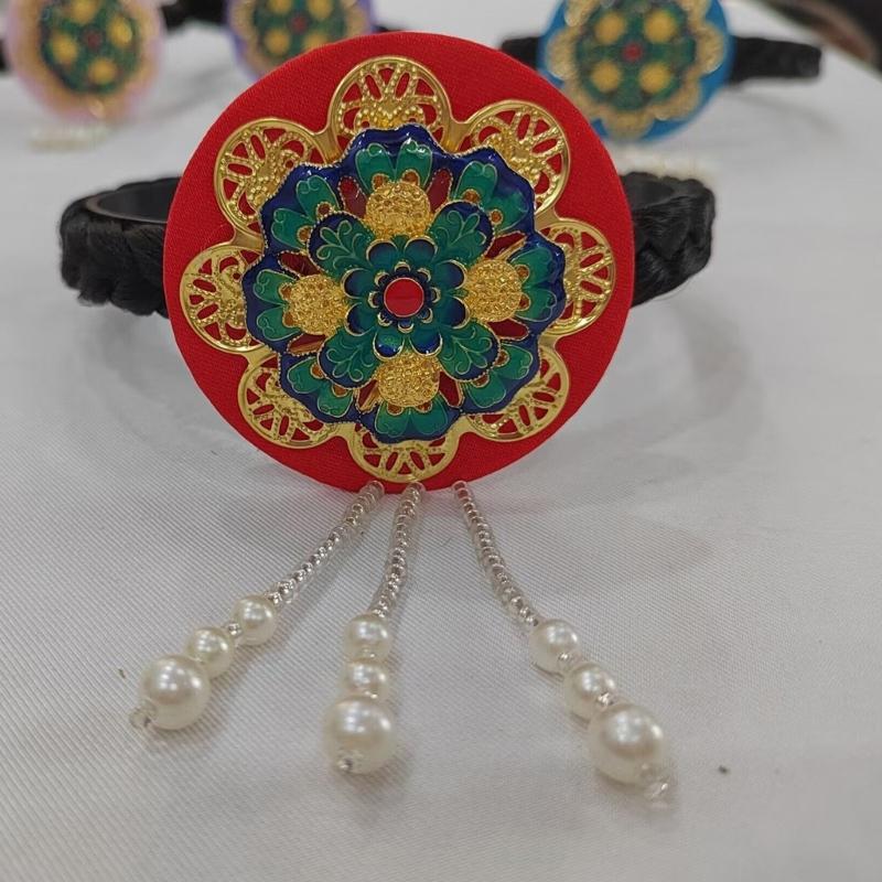 Traditional Korean Hanbok Headband for Women and Girls Blue Glaze and Faux Pearls Hair Hoop Stage Dance Hair Accessory