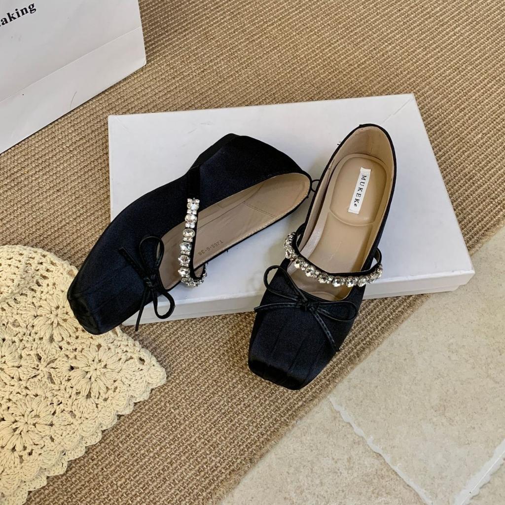 2025 new autumn and winter square head with rhinestone satin bow soft bottom ballet bean inner height increase pregnant women