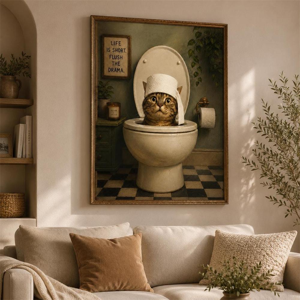 Funny Cat Toilet Art Prints Vintage Bathroom Poster Decor Humorous Wall Print Canvas Painting Toilet Decor