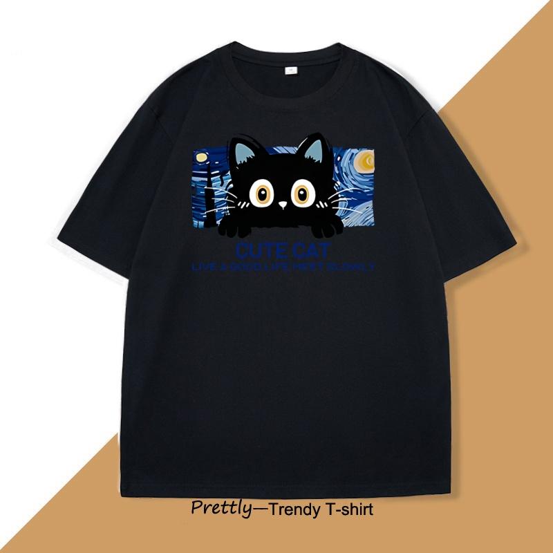 Cute Cat T Shirt Casual Cotton Short Sleeve Round Neck Tshirt Men Women Loose O Neck Male Tee Shirt Oversized Tee Shirt Street