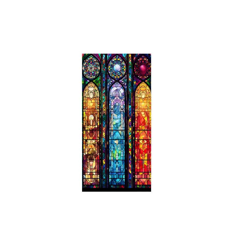 European Retro Painted Electrostatic Frosted Stained Glass Window Film Colorful Vintage Static Cling Sticker Bathroom Door Decor