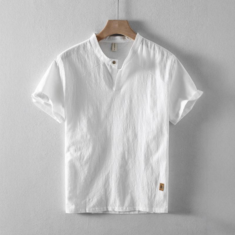 

Men s Linen Blend Henley Short Sleeve Shirt Casual Stand Collar Loose Fit Streetwear Top M білий
