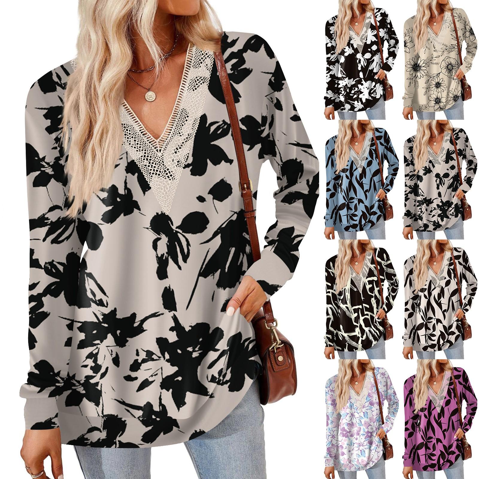 

Womens Tops Loose V-neck Contrast Color Split Loose Long Sleeve T-shirt Women s Tops L бежевий
