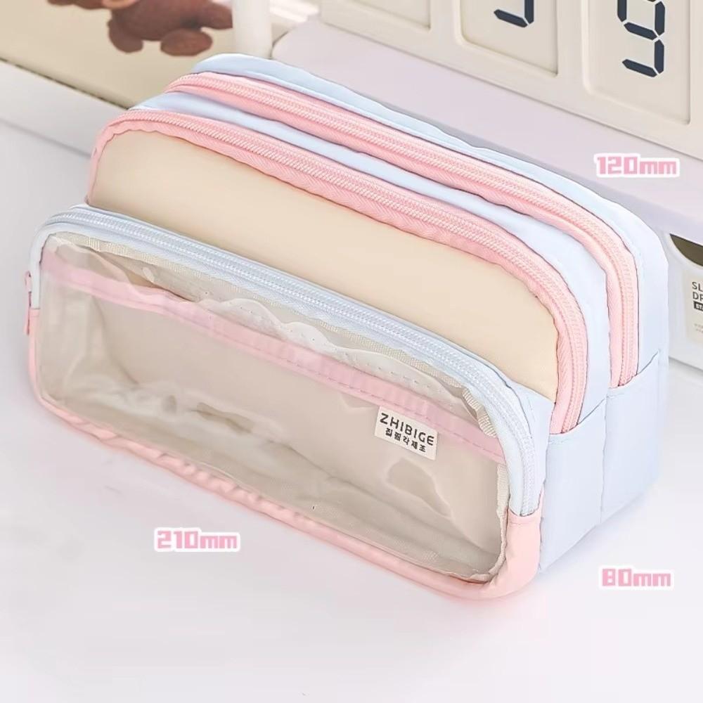 Color-Block Pen Bag Transparent Pocket Multi-layer Pen Pouch New Pencil Case  Girl