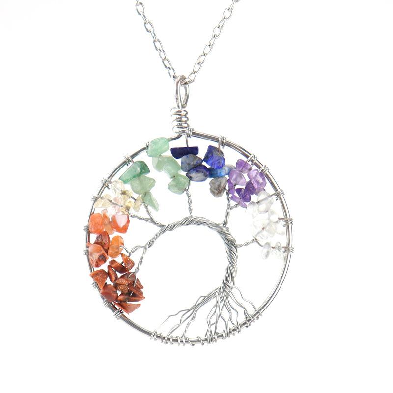 

Natural Stone Irregular Tree Of Life Necklace Pendant Amethyst Wrapped Wisdom Tree Necklace Colorful Gravel N02