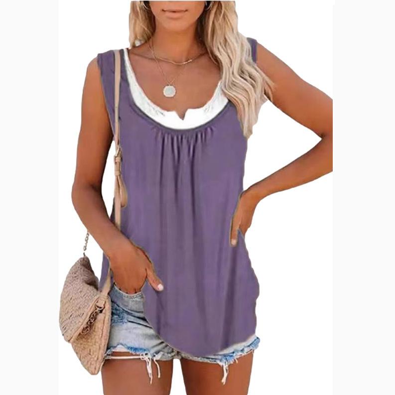 T-shirt con gilet senza maniche a due strati finto da donna patchwork estivo Canotta con fondo da donna elegante casual allentata