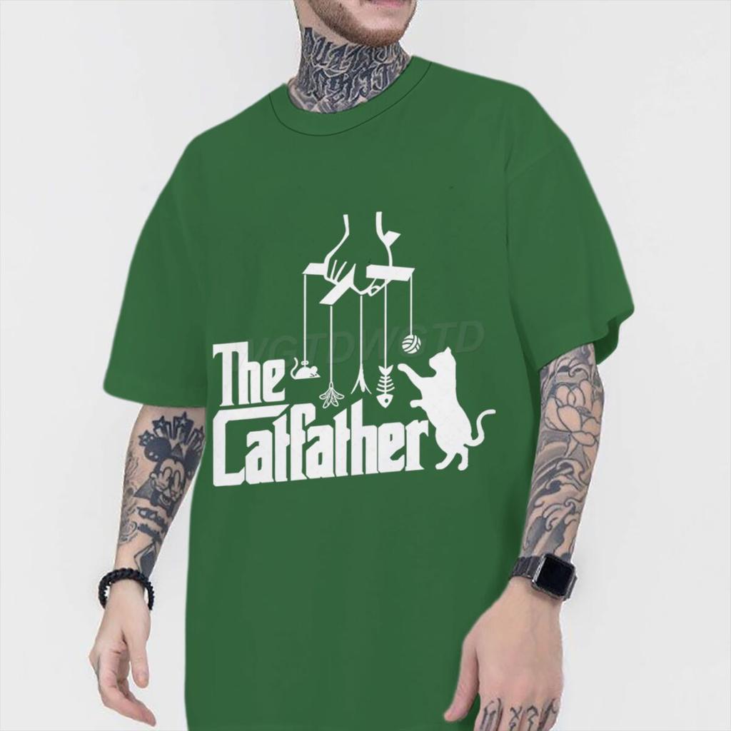 Vintage The Catfather Print T Shirt Men Fun Animal Cat Streetwear Short Sleeve Crewneck 100 Cotton Tshirts Fashion Kitten Tees