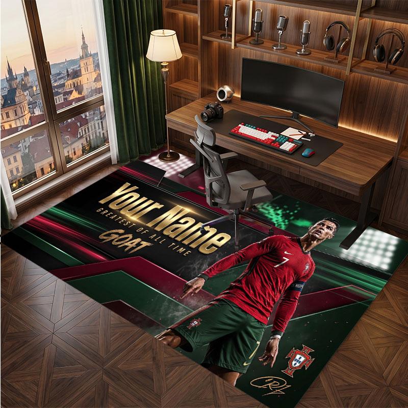 Cristiano Ronaldo Custom Crystal Velvet Rug, Personalized Name Text Print, Football Logo Soft Non‑Slip Floor Mat Home Decor Gift