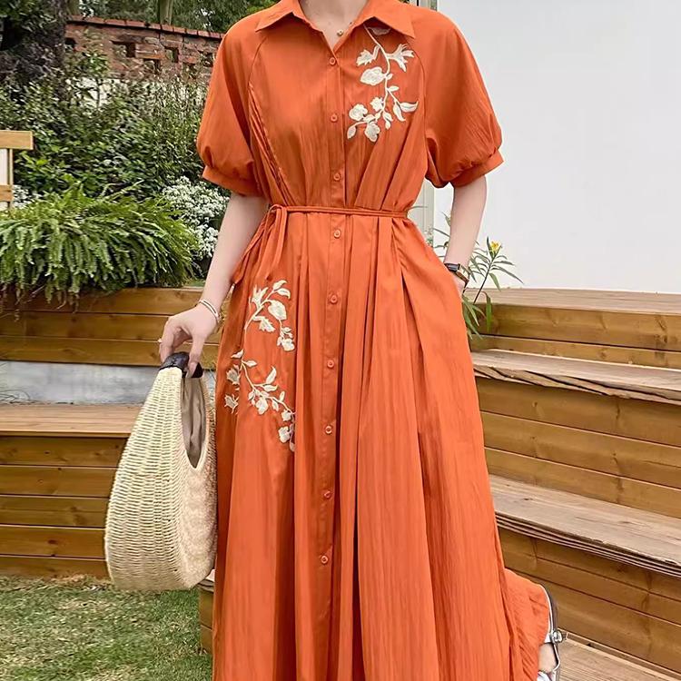 Vintage Loose Embroidery Jacquard Lace Up Design A-line Dress Woman Elegant Lapel Single Breast Pleated Dresses Ins New