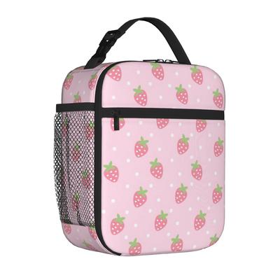Pink Strawberry Cute Floral Insulated Lunch Tote Bag for Outdoor Cartoon Portable Thermal Cooler Large Capacity Food Bag