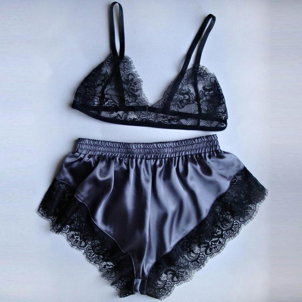 Womne Lace Sheer Elastic Camisole Satin Lace Short Lingerie Nightwear Pajama Set