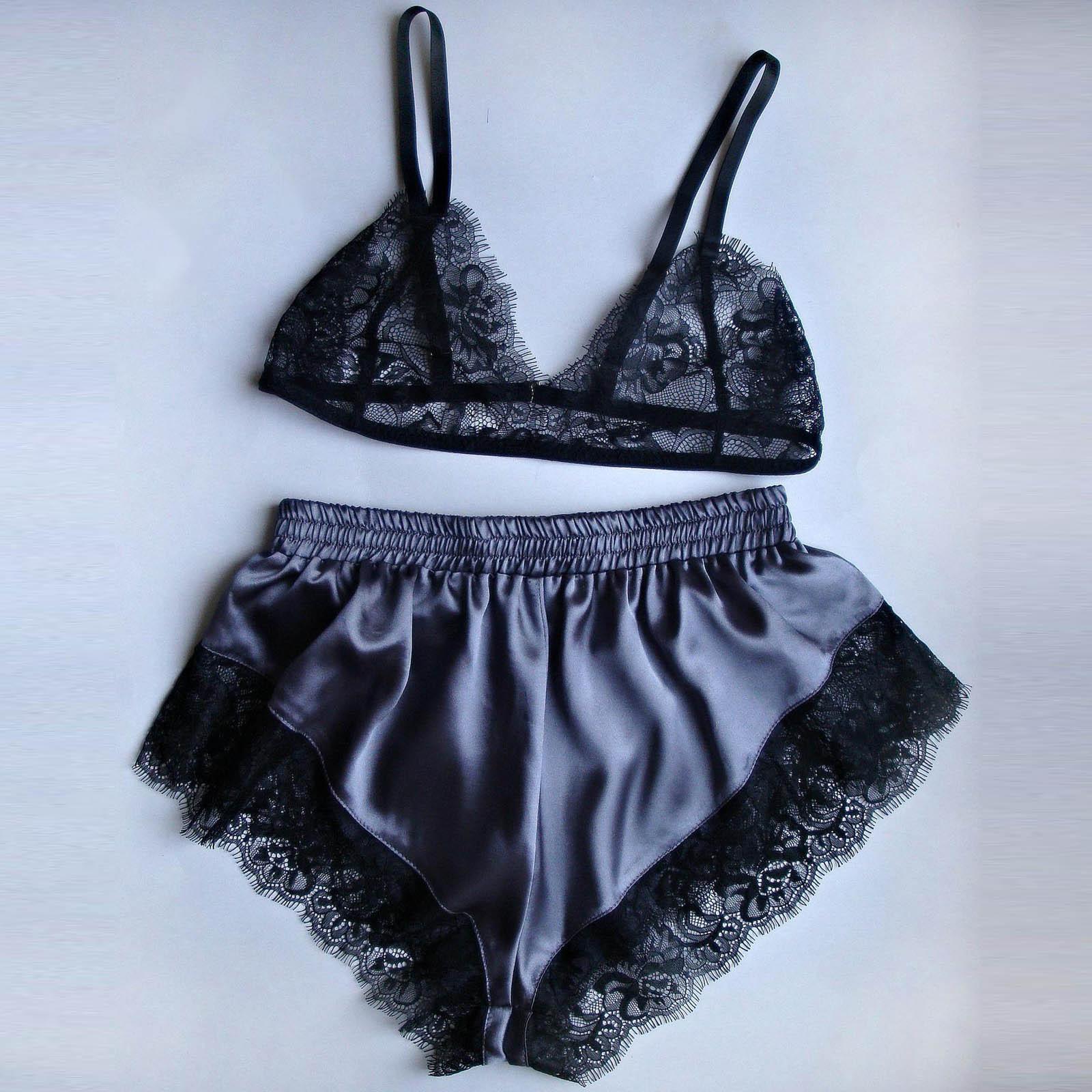 

Женское кружевное прозрачное эластичное атласное кружевное короткое нижнее белье, пижамный комплект M тёмно-синий