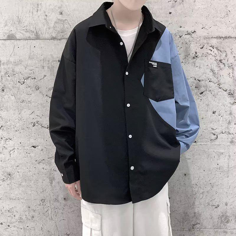 Men's Trendy Spliced Long-Sleeve Casual Shirt Set for Spring and Autumn