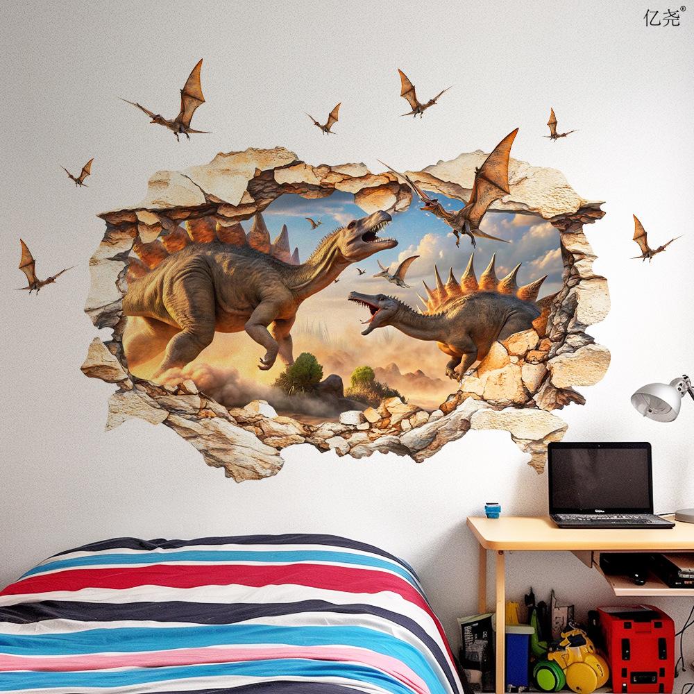 Cartoon Stegosaurus Pterodactyl Hole Wall Sticker Self-Adhesive Removable Kids Room Bedroom Dinosaur Home Decor Art