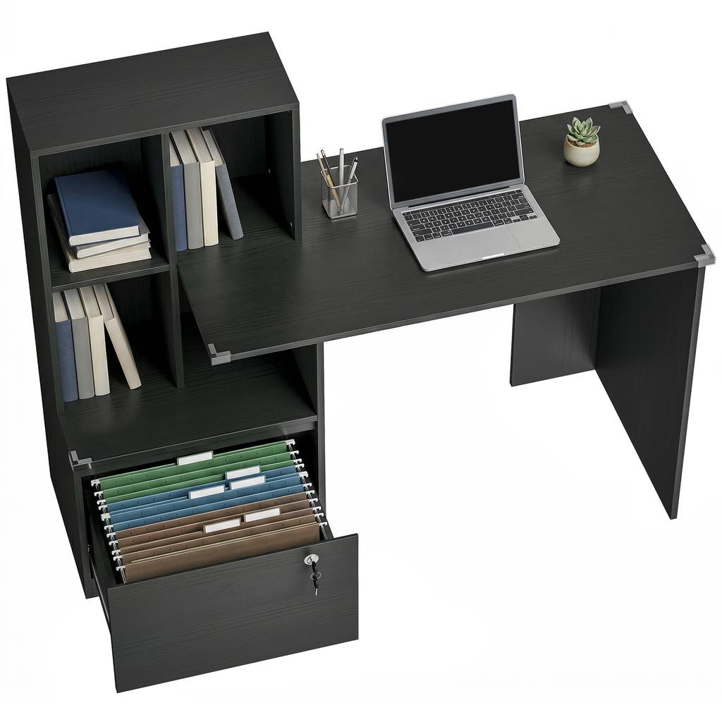 Computer Desk with 4-Compartment Bookcase, Lockable Drawer, 126 x 50 x 109 cm, Black
