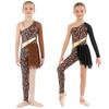 Mädchen Höhlen Kostüm Gymnastik Tanz Outfit Patchwork Asymmetrisches Design Leopardenmuster Body Overall