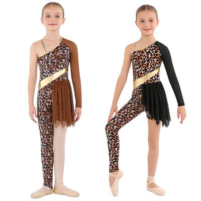 Mädchen Höhlen Kostüm Gymnastik Tanz Outfit Patchwork Asymmetrisches Design Leopardenmuster Body Overall
