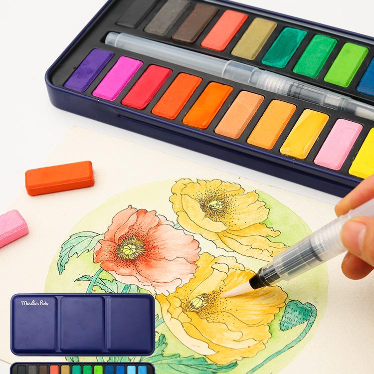 Watercolor Solid Pigment Set: 24 & 18 Colors for Beginners in Tin Box