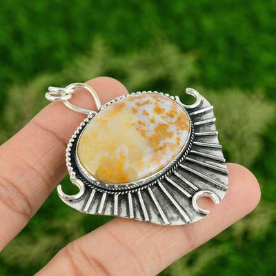Oval Polka Dot Agate Gemstone 925 Sterling Silver Bezel Wedding Elegant Pendant