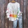 Women's Fashion Casual Button V-Neck Seven Sleeve Vintage Printed Shirt Top