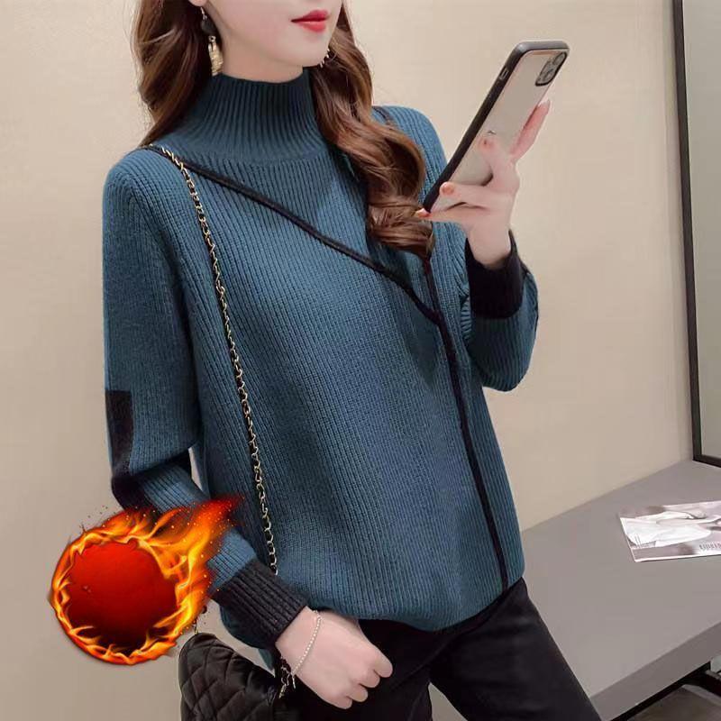 Semi-turtleneck Sweater Women's Autumn and Winter Thickened Design Sense Women's Knitted Sweater Winter Velvet Versatile Loose Bottoming Top