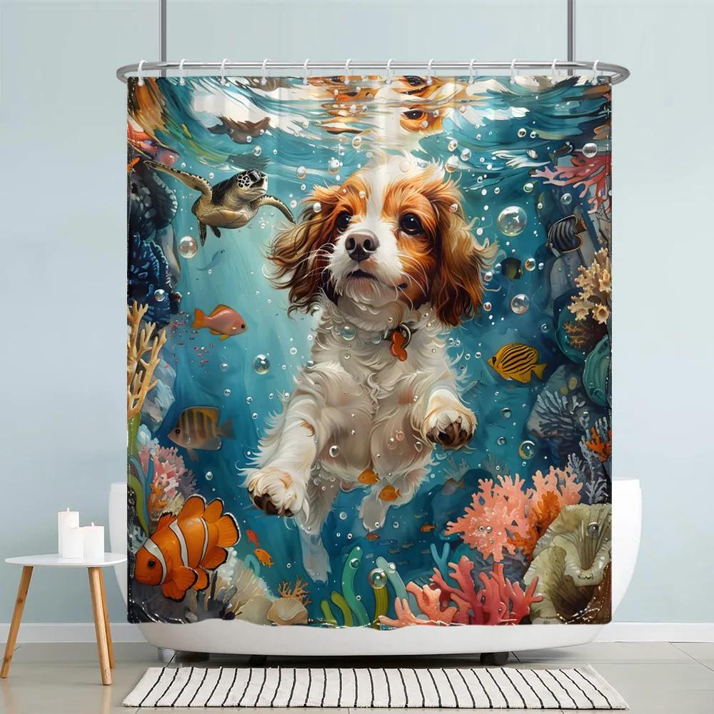 Lustige Meerestiere Kinder Duschvorhang Cartoon Aquarell Kunst Malerei Stil Polyester Stoff Duschvorhang Badezimmer Dekorati