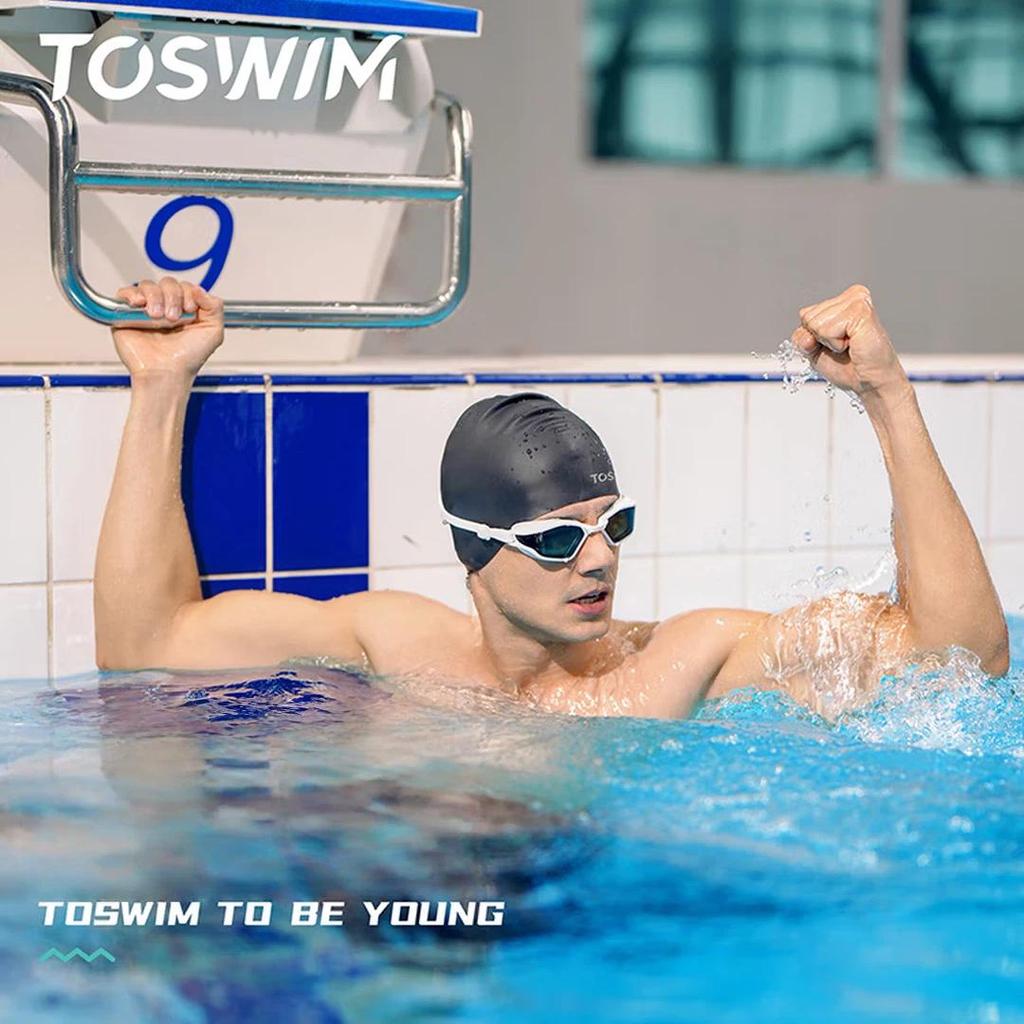 TOSWIM Silicone Swimming Cap, for Long Hair, Ear Protection, Black, Plus Size