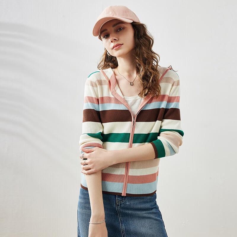 COMONBOCA Women's Striped Hooded Lyocell Knit Cardigan