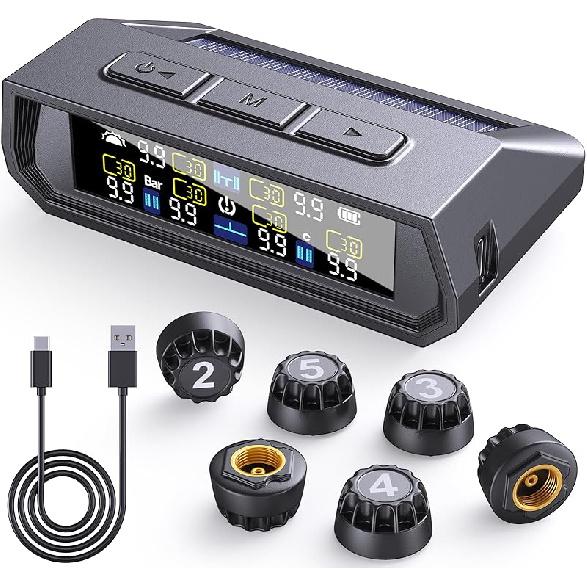 RV Tire Pressure Monitoring System,0-9.9 BAR,144 PSI Tire Pressure Monitor System With Solar Charge, TPMS With 6 Sensors&6 Alarm Modes (6